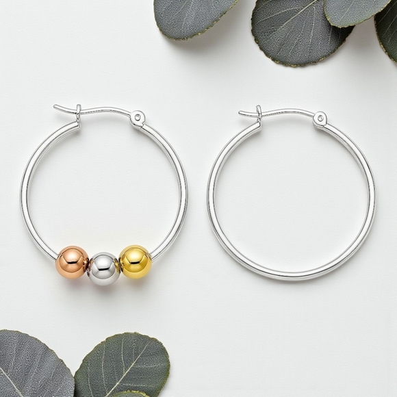 ποΈ18K Gold Plated Stainless Steel Tri-Color Beaded Hoop Earrings Trendy & Chic - Picture 5 of 11